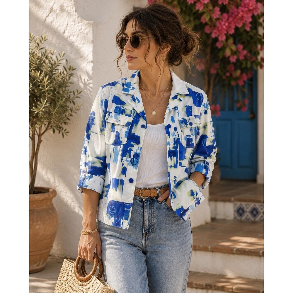 Guy Laroche Jacket Womens 40 Blue White Vintage 90s Abstract Art Print Cotton